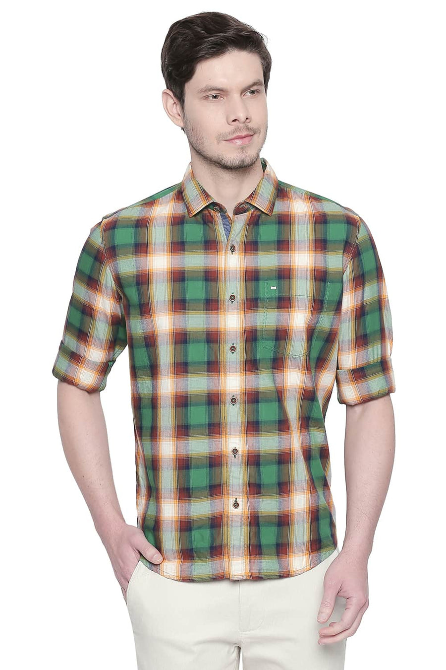 BASICS SLIM FIT JOLLY GREEN CHECKS SHIRT