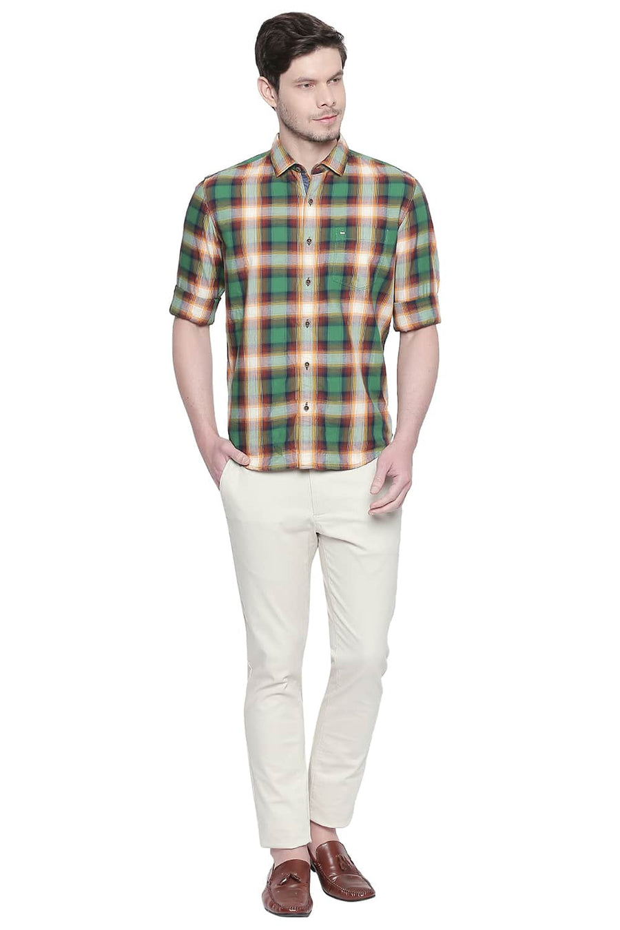 BASICS SLIM FIT JOLLY GREEN CHECKS SHIRT