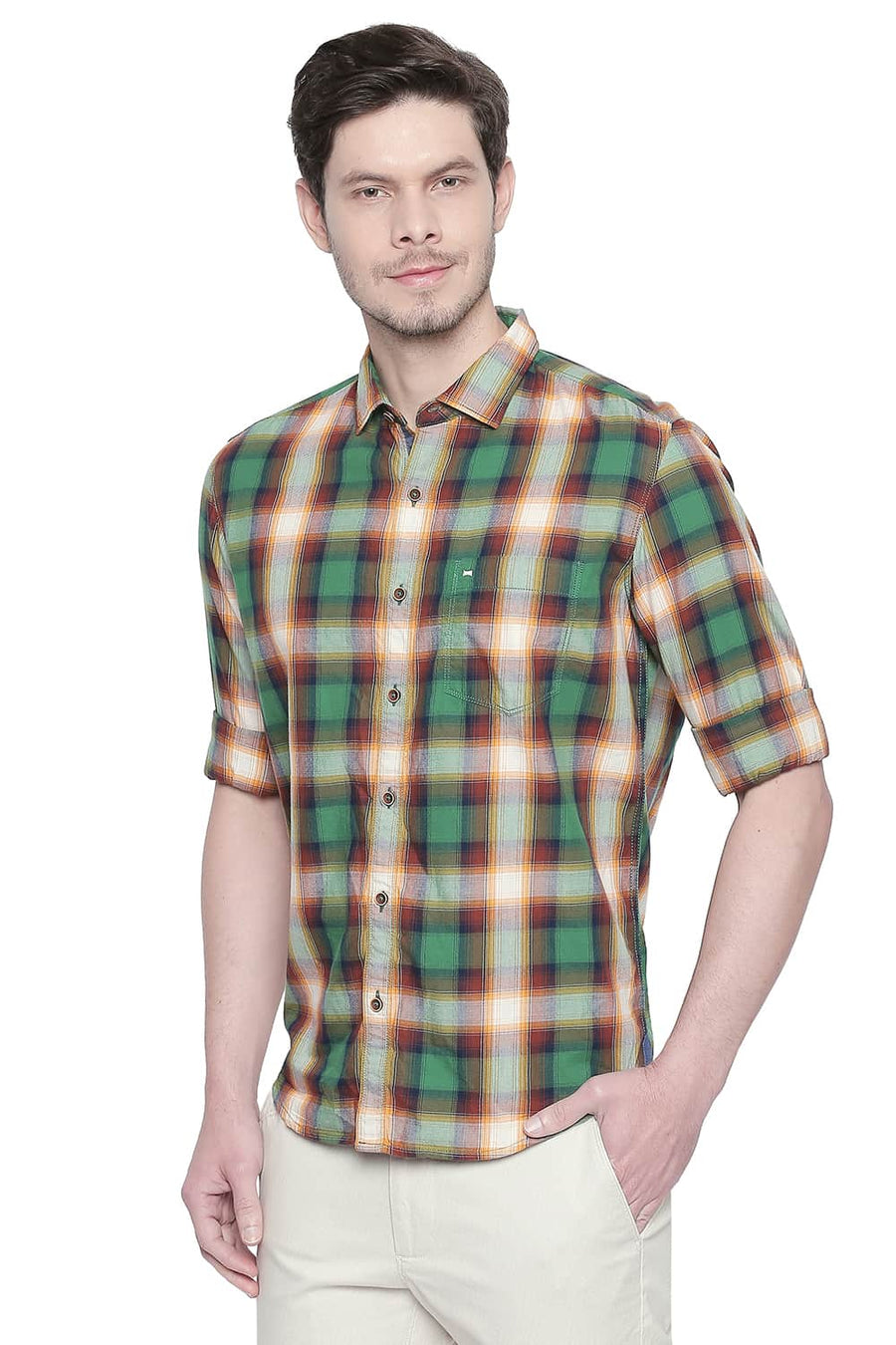 BASICS SLIM FIT JOLLY GREEN CHECKS SHIRT