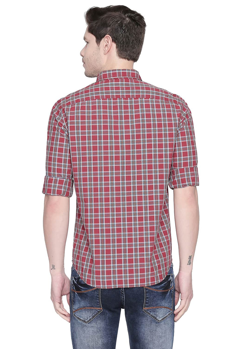 BASICS SLIM FIT EARTH RED CHECKS SHIRT