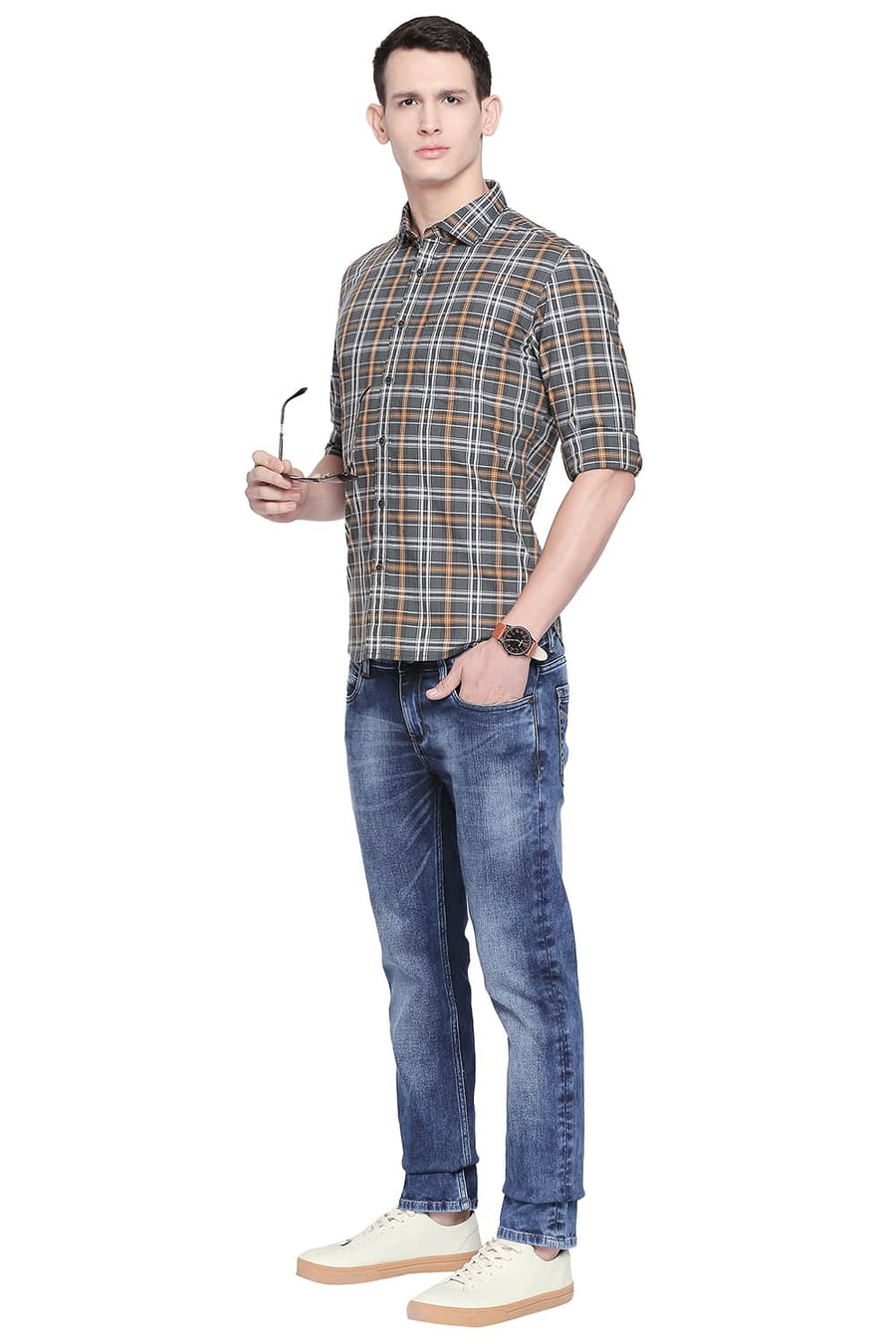 BASICS SLIM FIT TREKKING GREEN CHECKS SHIRT