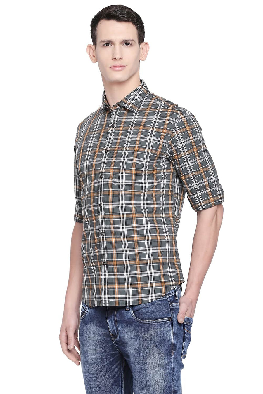 BASICS SLIM FIT TREKKING GREEN CHECKS SHIRT