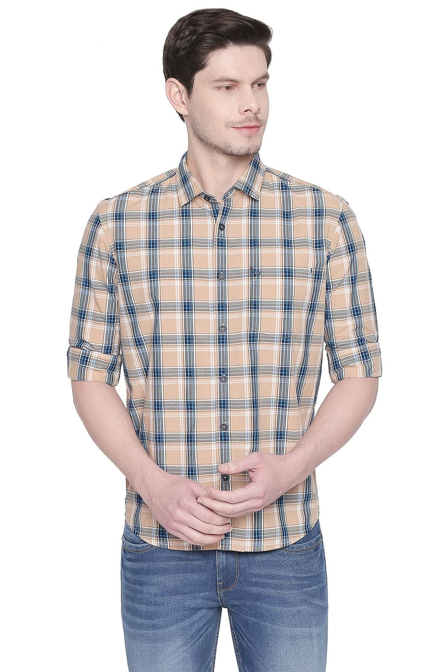BASICS SLIM FIT KHAKI TAN CHECKS SHIRT