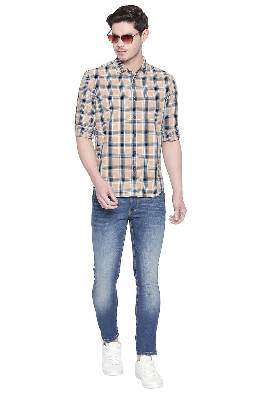BASICS SLIM FIT KHAKI TAN CHECKS SHIRT