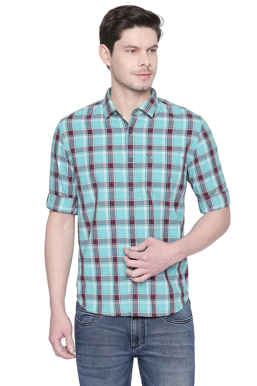 BASICS SLIM FIT AQUARELLE GREEN CHECKS SHIRT