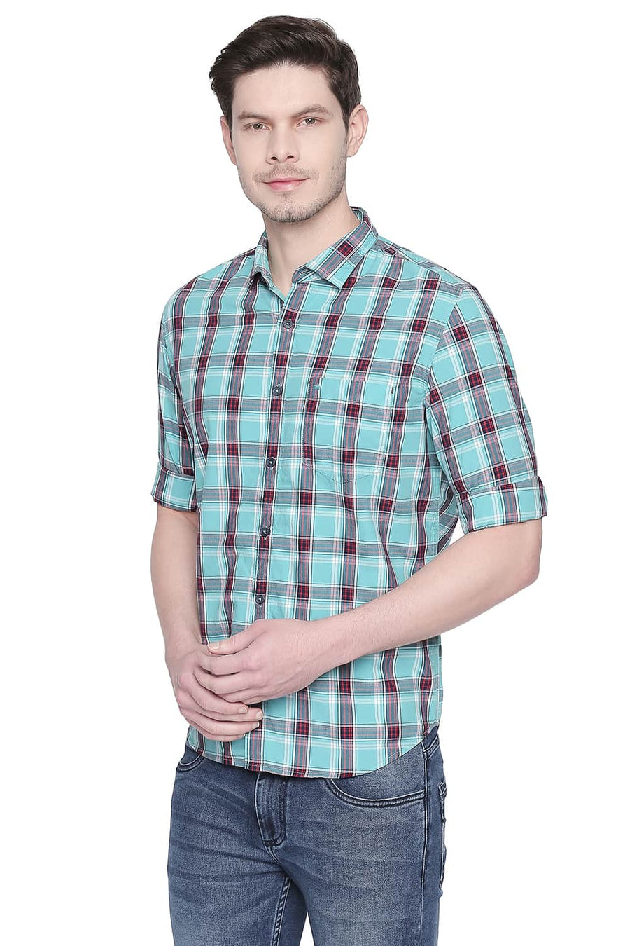BASICS SLIM FIT AQUARELLE GREEN CHECKS SHIRT