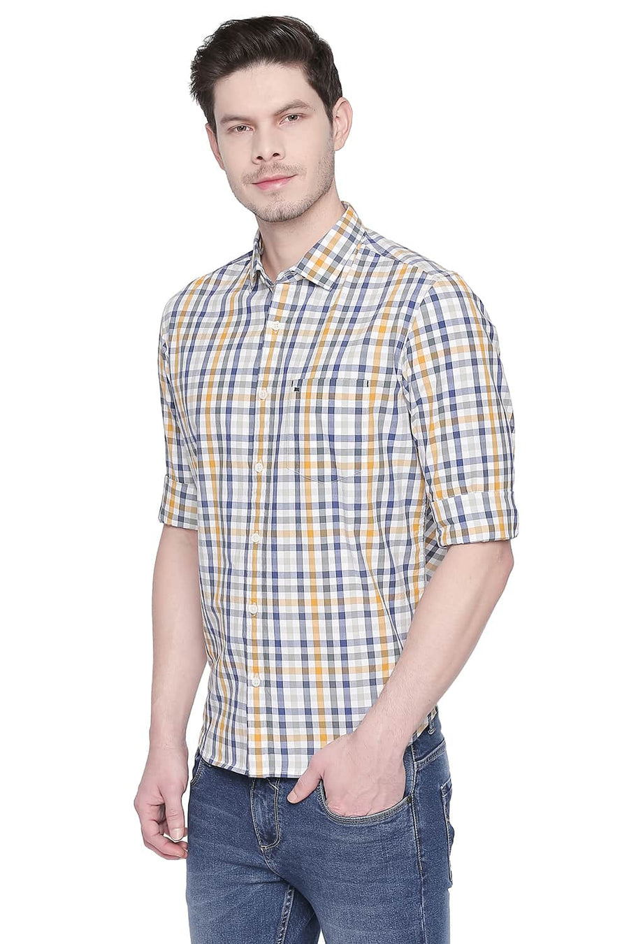 BASICS SLIM FIT OCHRE YELLOW CHECKS SHIRT
