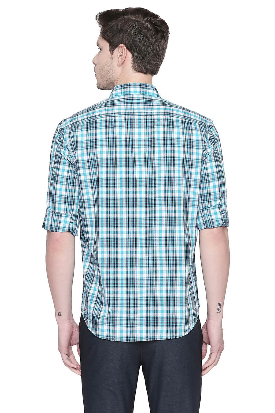 BASICS SLIM FIT TURQUOISE BREEZE CHECKS SHIRT