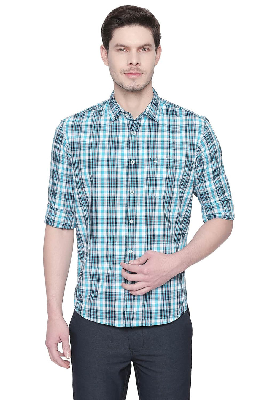 BASICS SLIM FIT TURQUOISE BREEZE CHECKS SHIRT