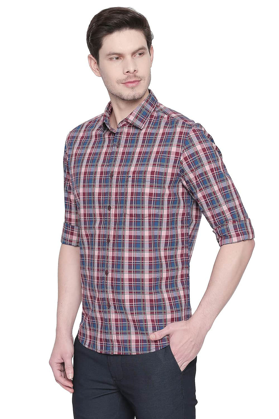 BASICS SLIM FIT CRYSTAL PINK CHECKS SHIRT
