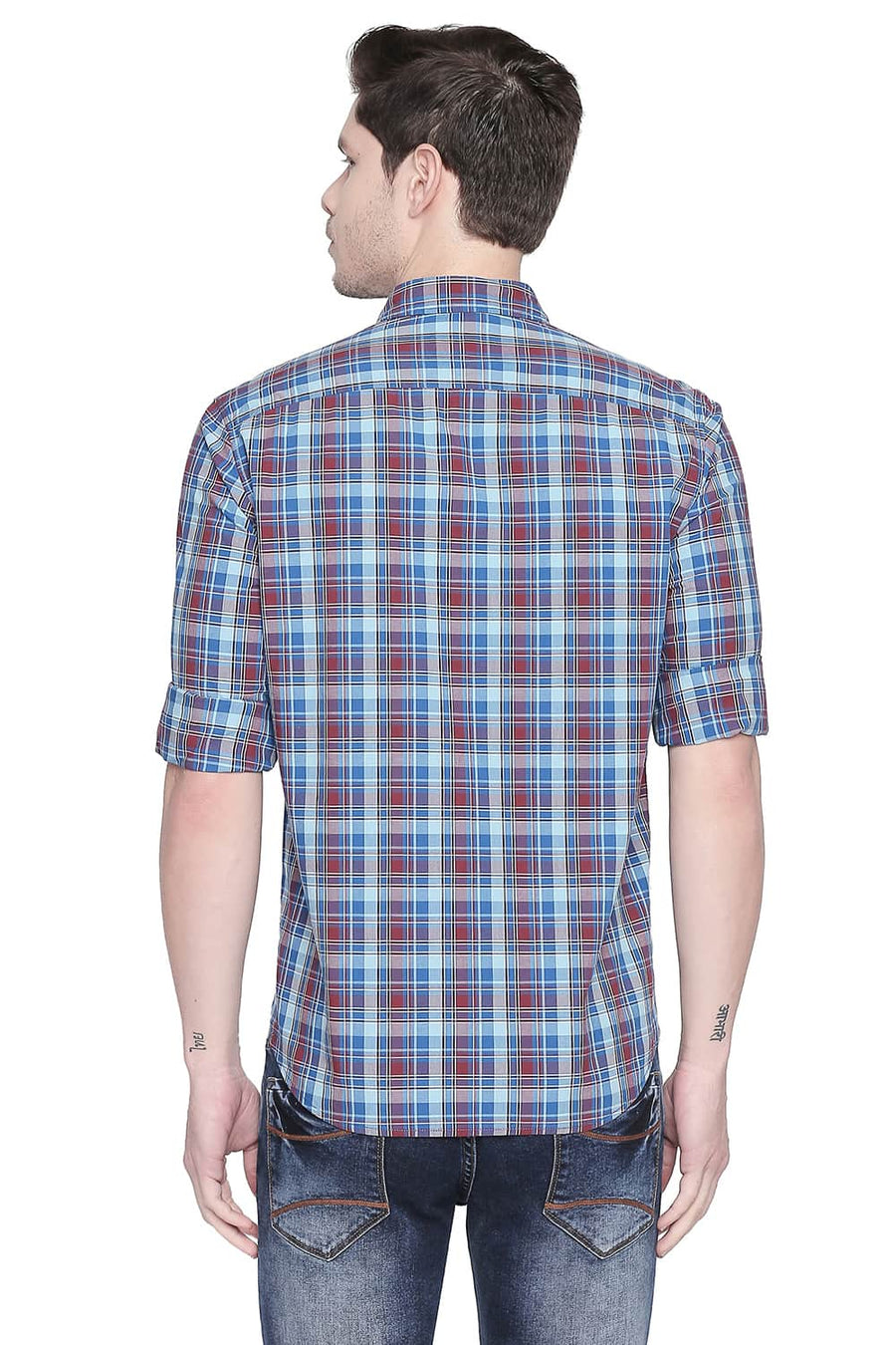 BASICS SLIM FIT BLUE GROTTO CHECKS SHIRT