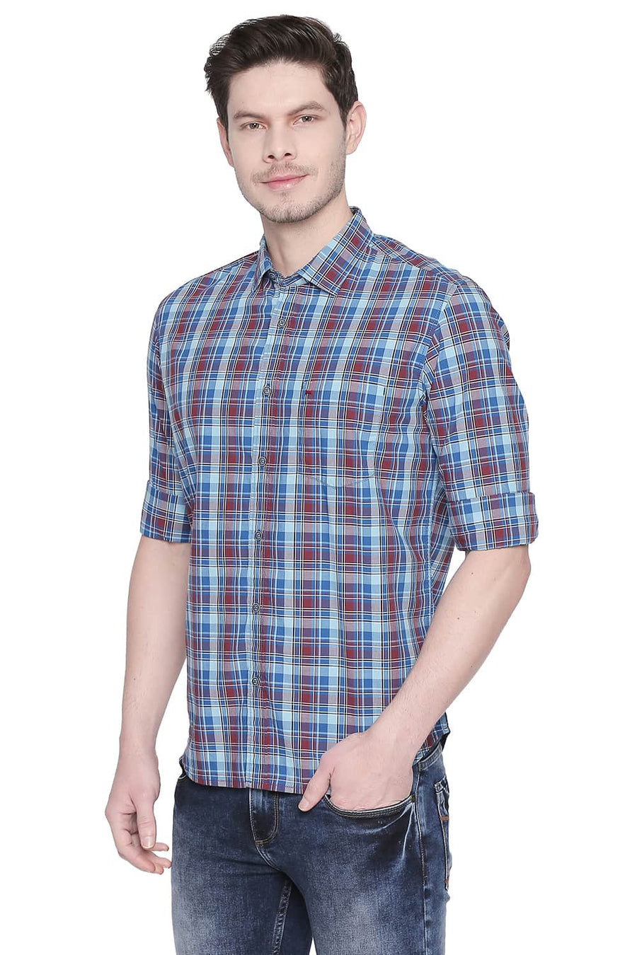 BASICS SLIM FIT BLUE GROTTO CHECKS SHIRT