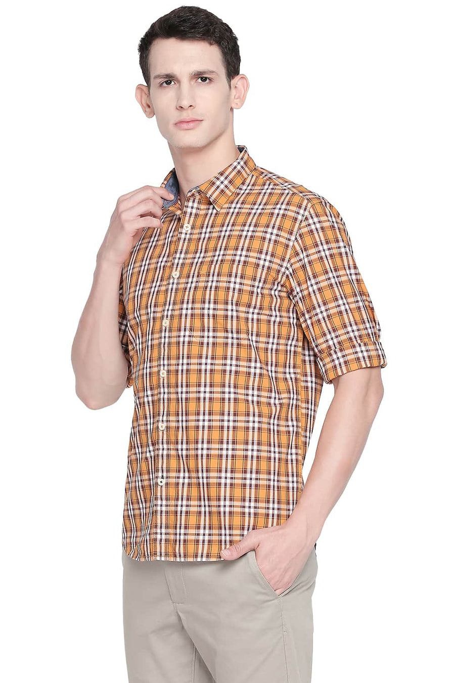 BASICS SLIM FIT SPICE ORANGE CHECKS SHIRT
