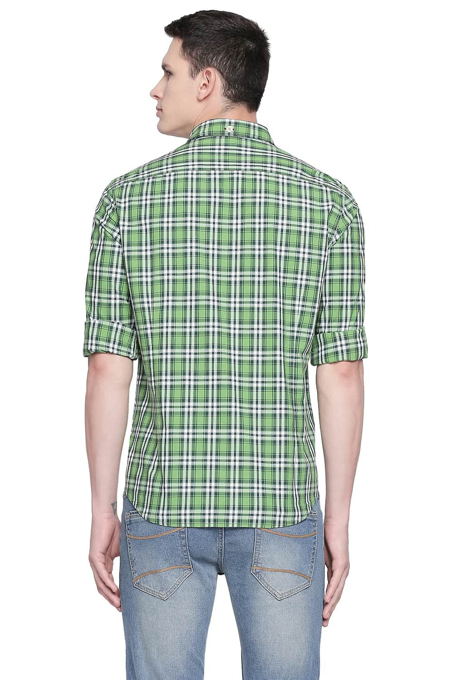 BASICS SLIM FIT LIME GREEN CHECKS SHIRT