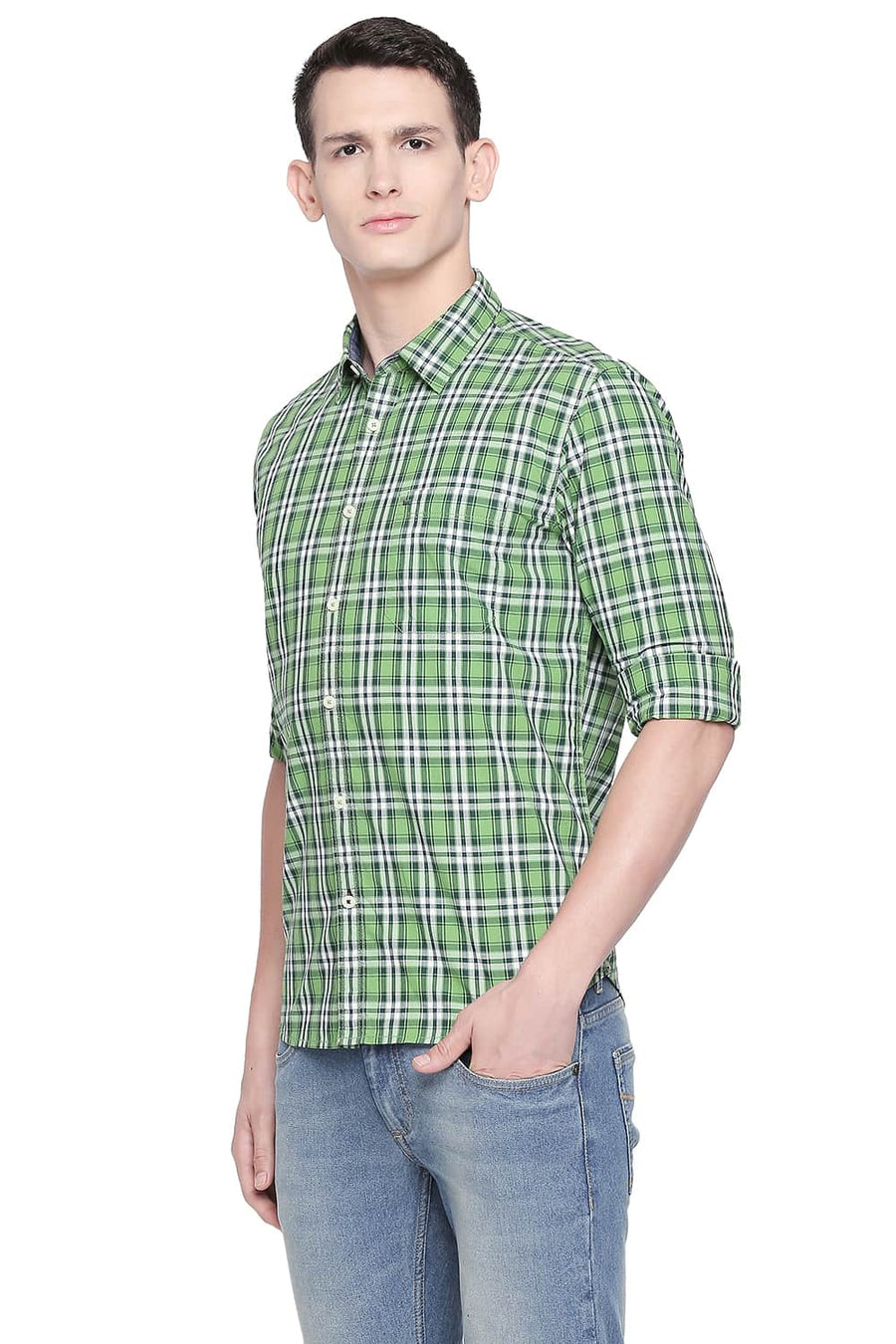 BASICS SLIM FIT LIME GREEN CHECKS SHIRT