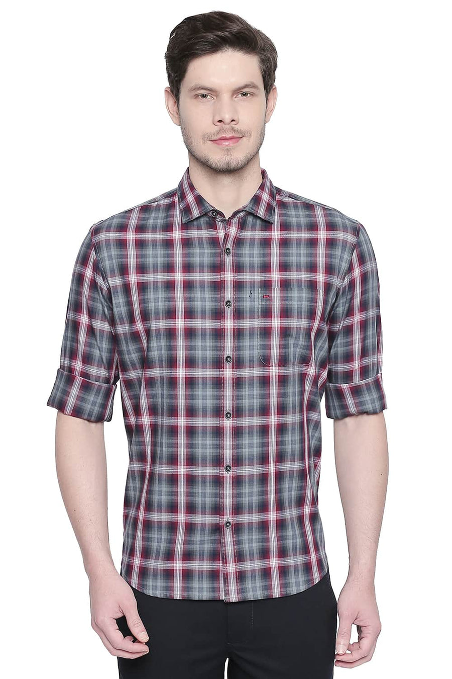 BASICS SLIM FIT SCARLET RED CHECKS SHIRT