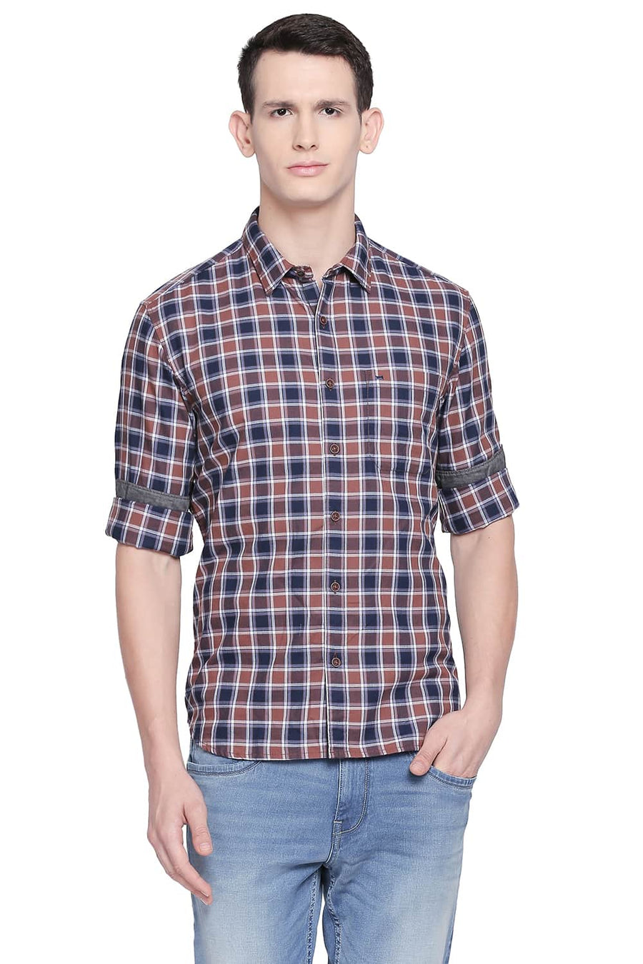 BASICS SLIM FIT FRIAR BROWN CHECKS SHIRT