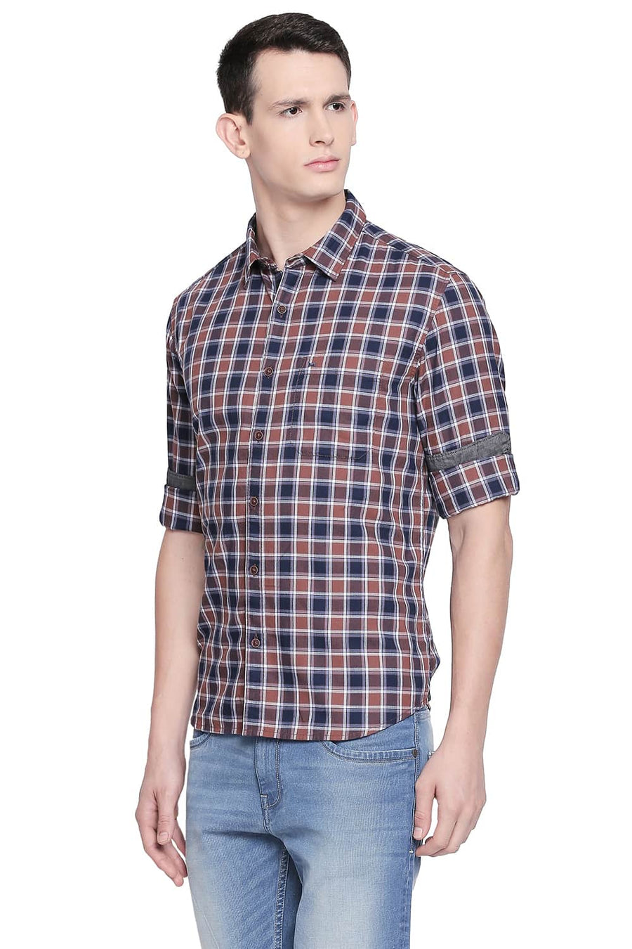 BASICS SLIM FIT FRIAR BROWN CHECKS SHIRT