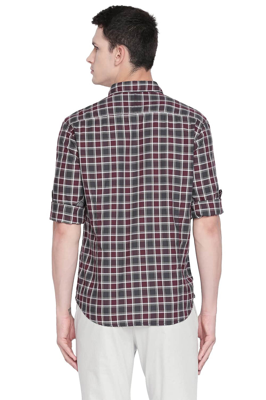BASICS SLIM FIT OXBLOOD MAROON CHECKS SHIRT