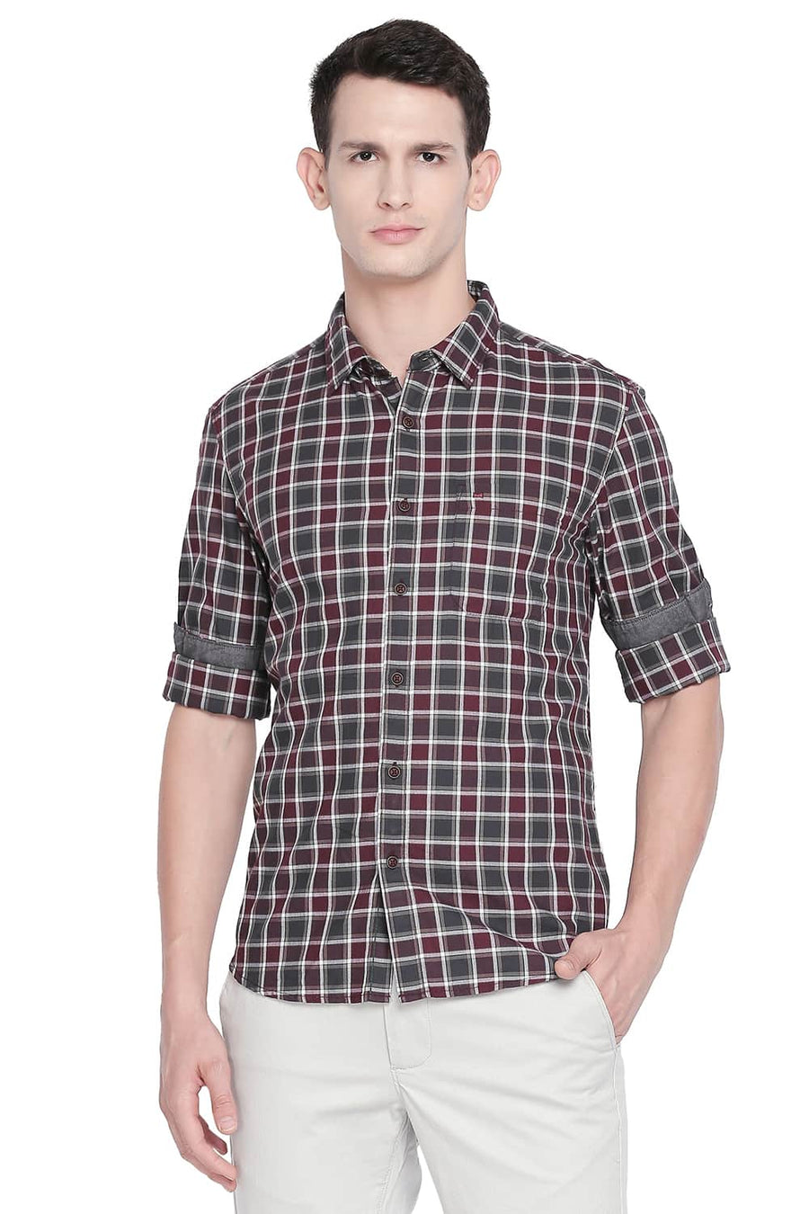 BASICS SLIM FIT OXBLOOD MAROON CHECKS SHIRT