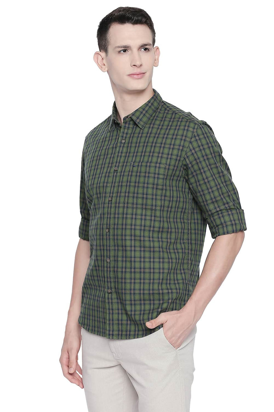 BASICS SLIM FIT GILL GREEN CHECKS SHIRT