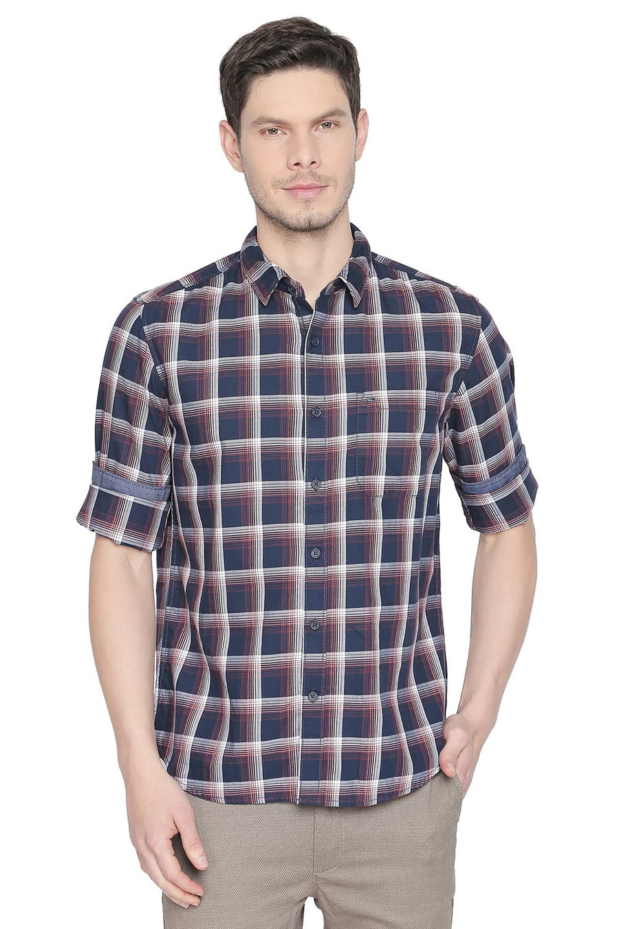 BASICS SLIM FIT  RUM RED  CHECKS SHIRT