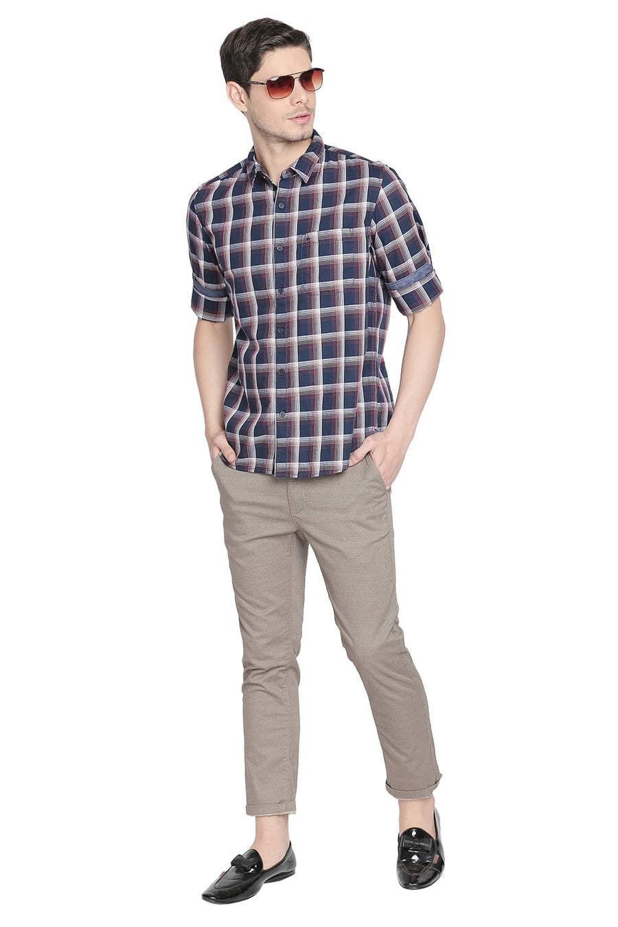 BASICS SLIM FIT  RUM RED  CHECKS SHIRT