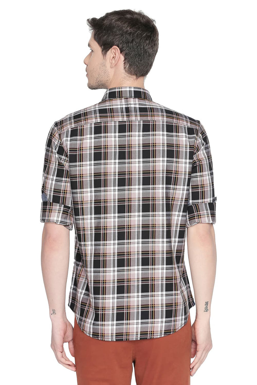 BASICS SLIM FIT HONEY BROWN CHECKS SHIRT