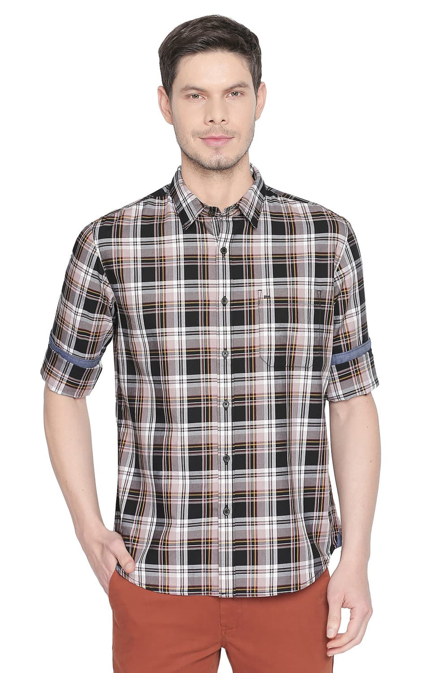BASICS SLIM FIT HONEY BROWN CHECKS SHIRT