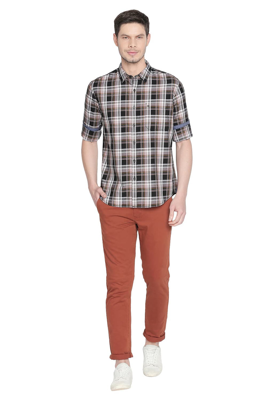 BASICS SLIM FIT HONEY BROWN CHECKS SHIRT