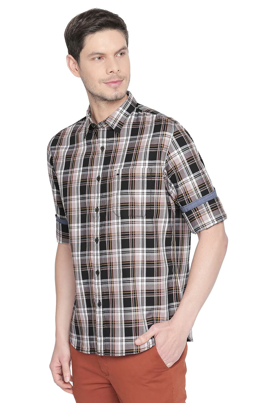 BASICS SLIM FIT HONEY BROWN CHECKS SHIRT