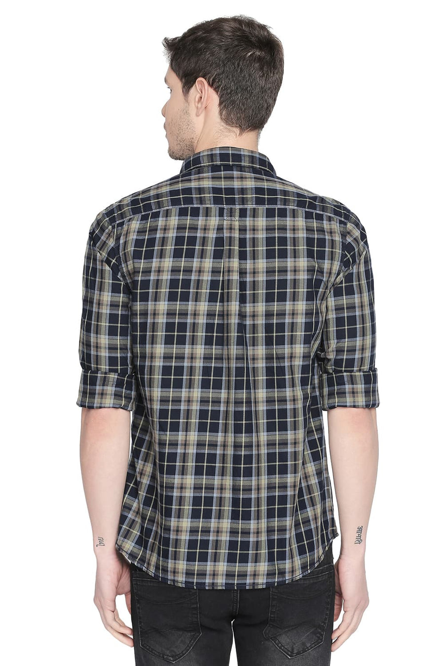 BASICS SLIM FIT SEEDLING GREEN TWILL CHECKS SHIRT
