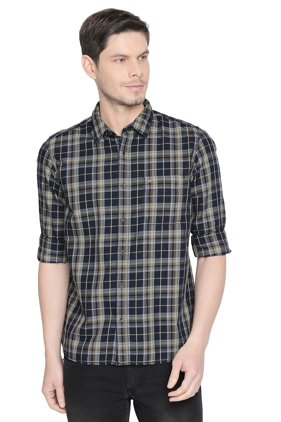 BASICS SLIM FIT SEEDLING GREEN TWILL CHECKS SHIRT