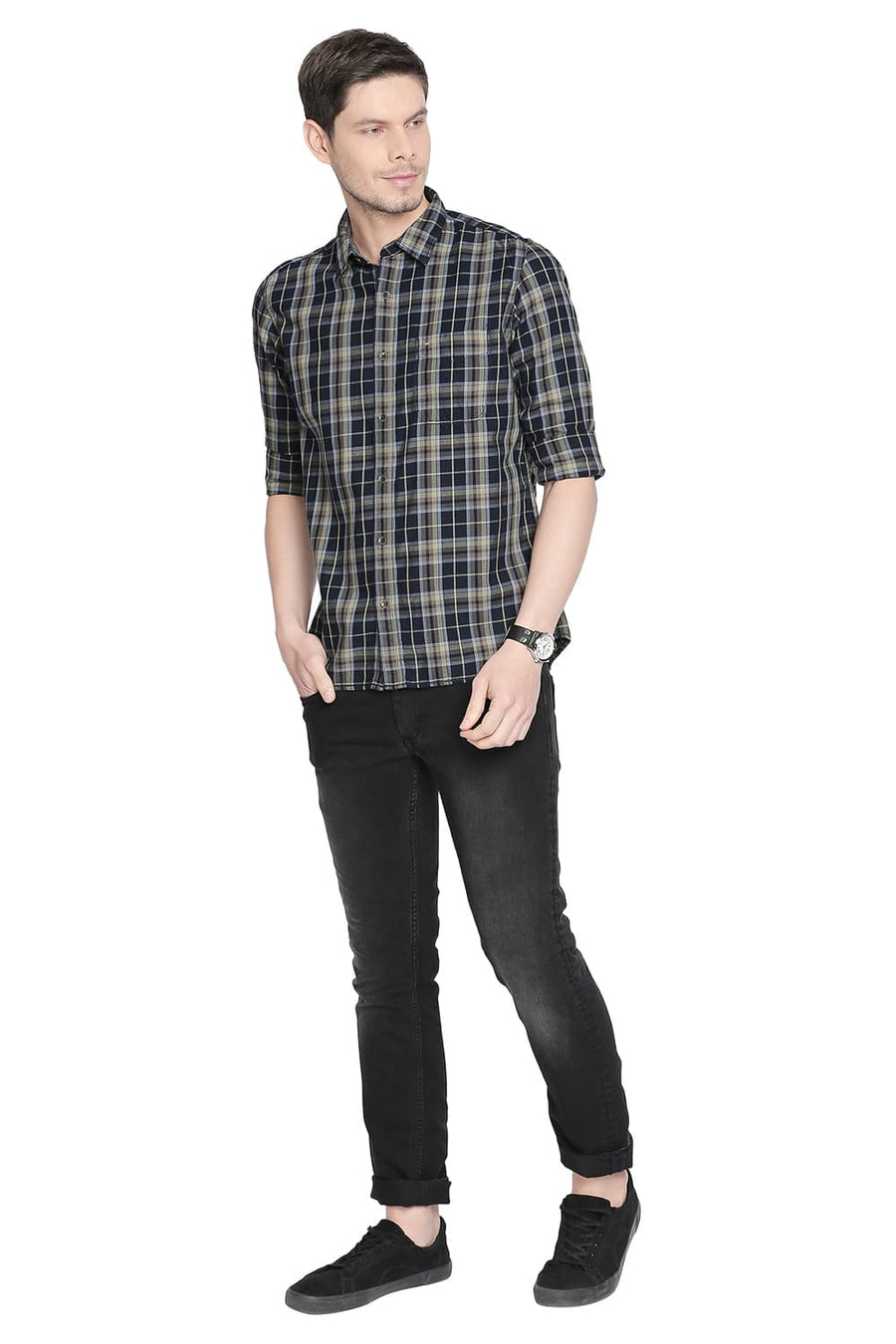 BASICS SLIM FIT SEEDLING GREEN TWILL CHECKS SHIRT