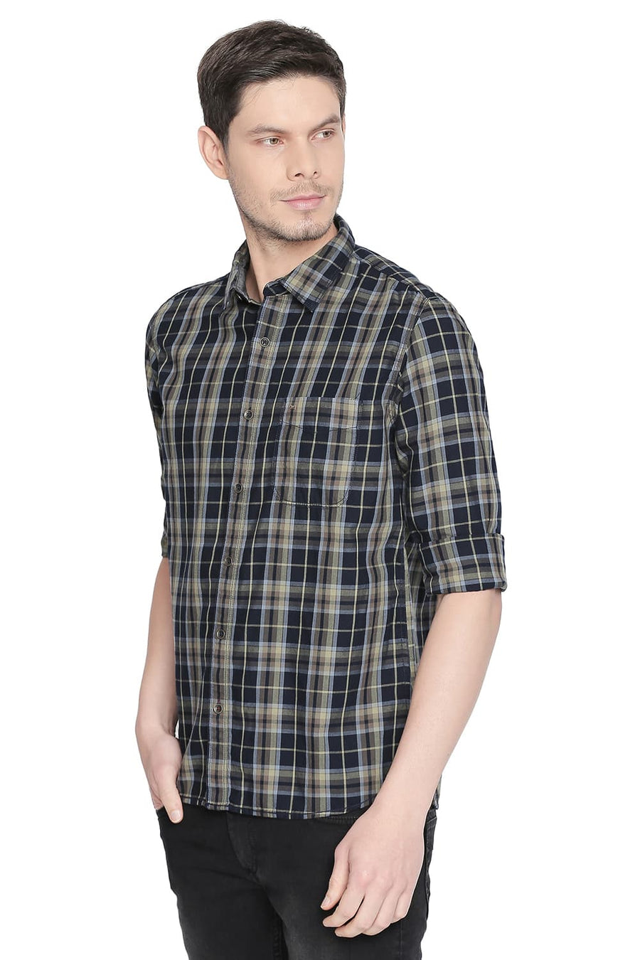 BASICS SLIM FIT SEEDLING GREEN TWILL CHECKS SHIRT