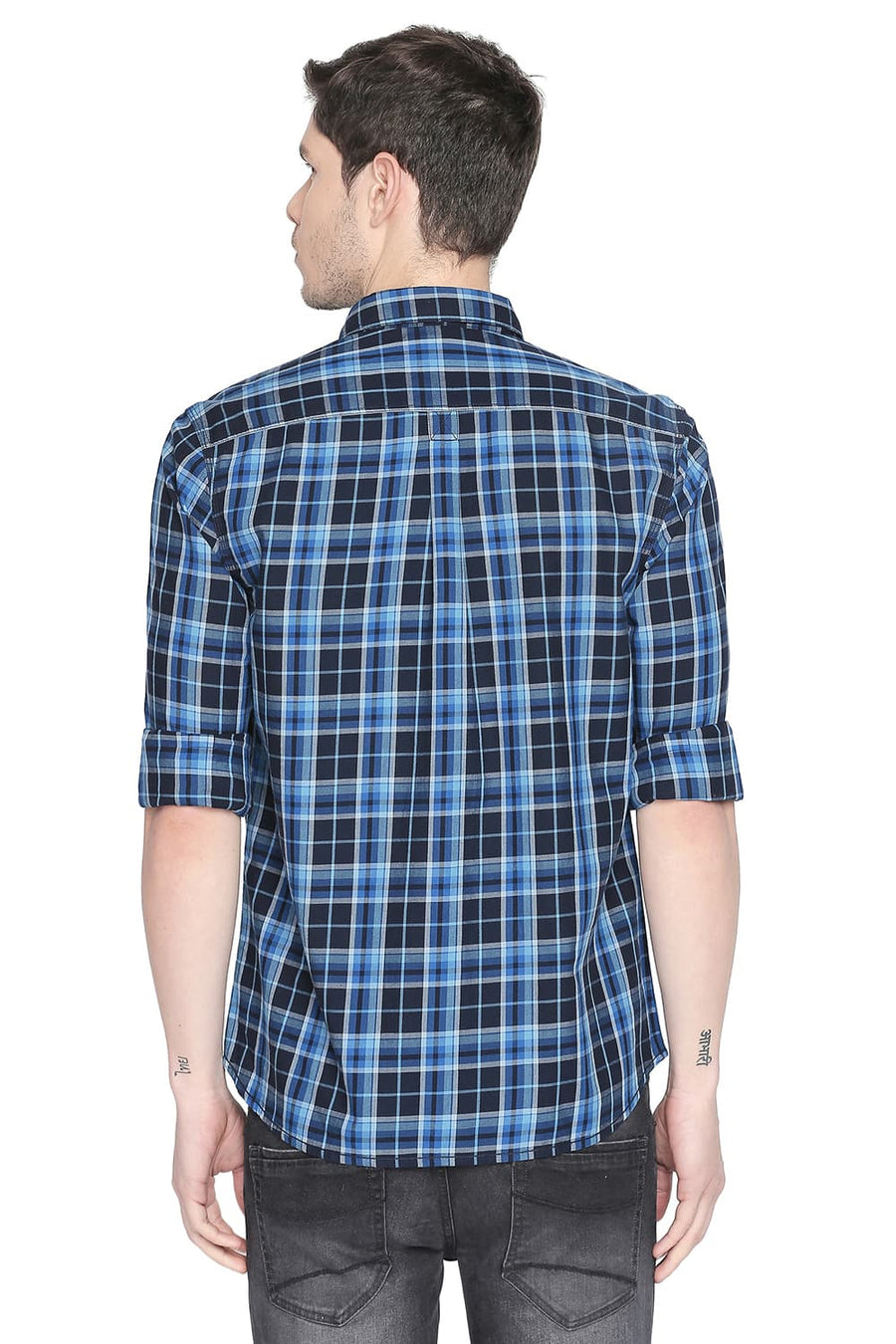 BASICS SLIM FIT MYKONOS BLUE TWILL CHECKS SHIRT