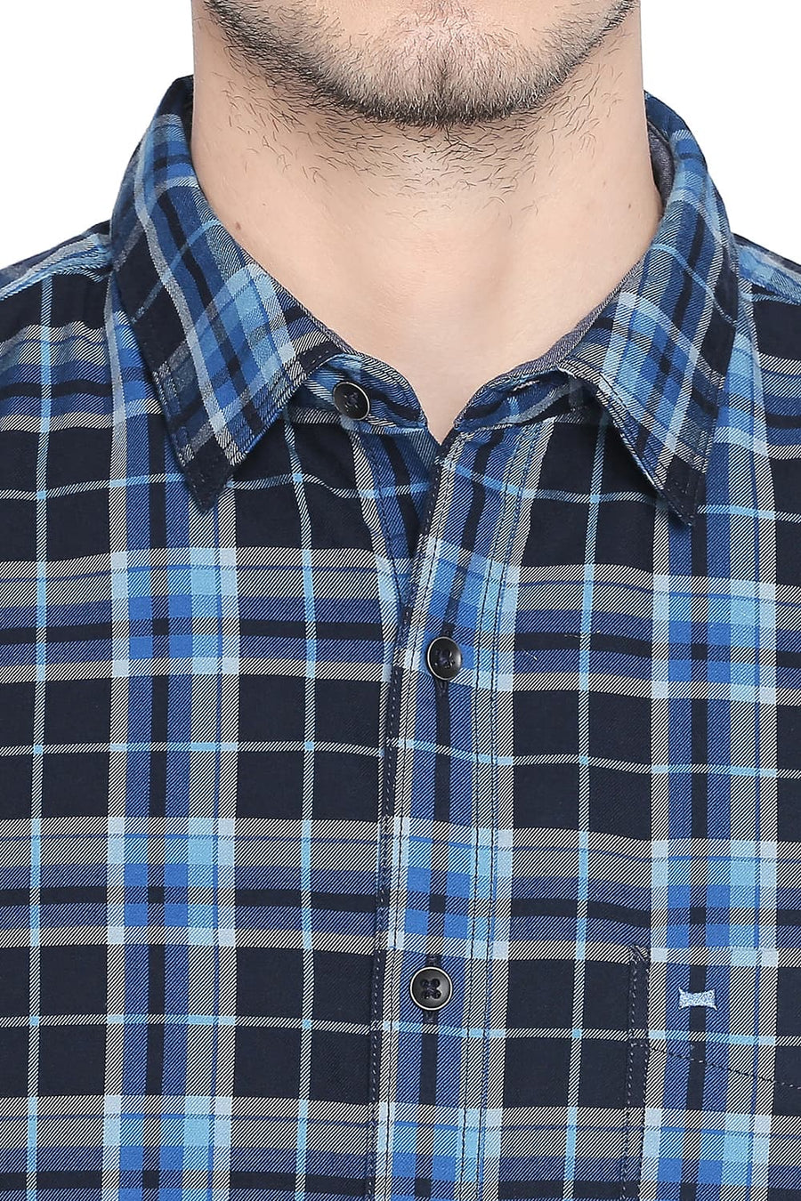 BASICS SLIM FIT MYKONOS BLUE TWILL CHECKS SHIRT