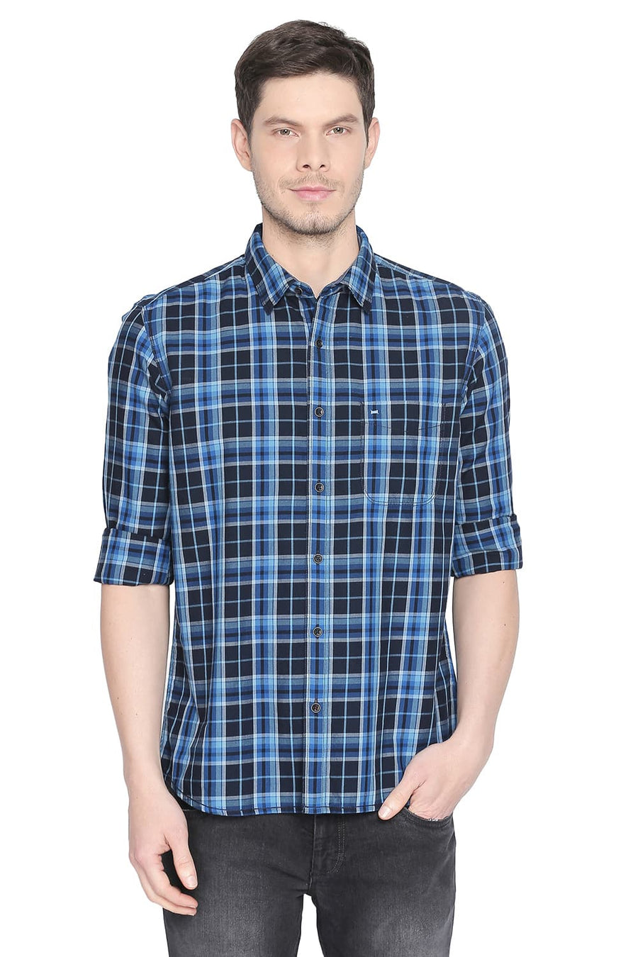 BASICS SLIM FIT MYKONOS BLUE TWILL CHECKS SHIRT