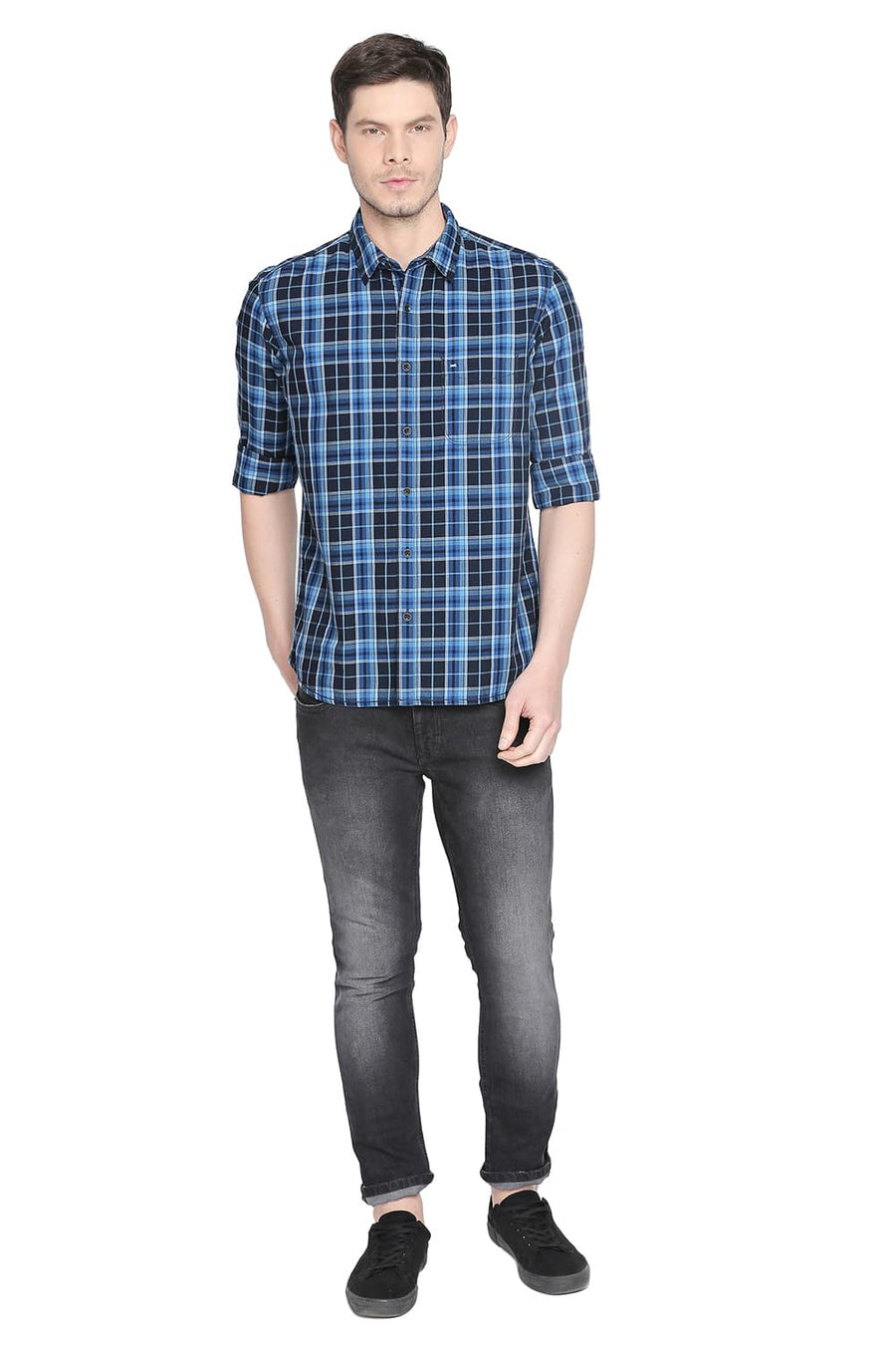 BASICS SLIM FIT MYKONOS BLUE TWILL CHECKS SHIRT