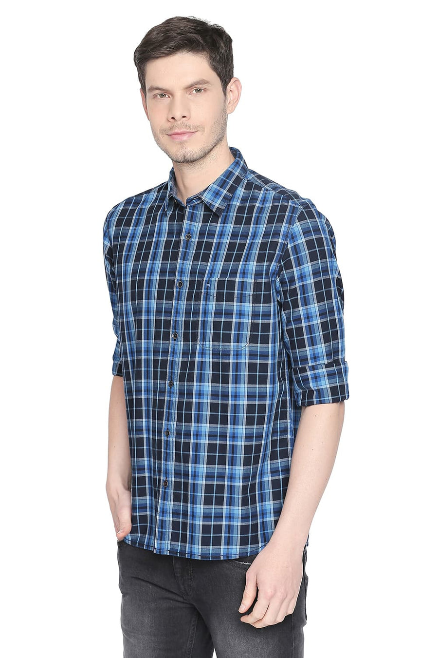 BASICS SLIM FIT MYKONOS BLUE TWILL CHECKS SHIRT