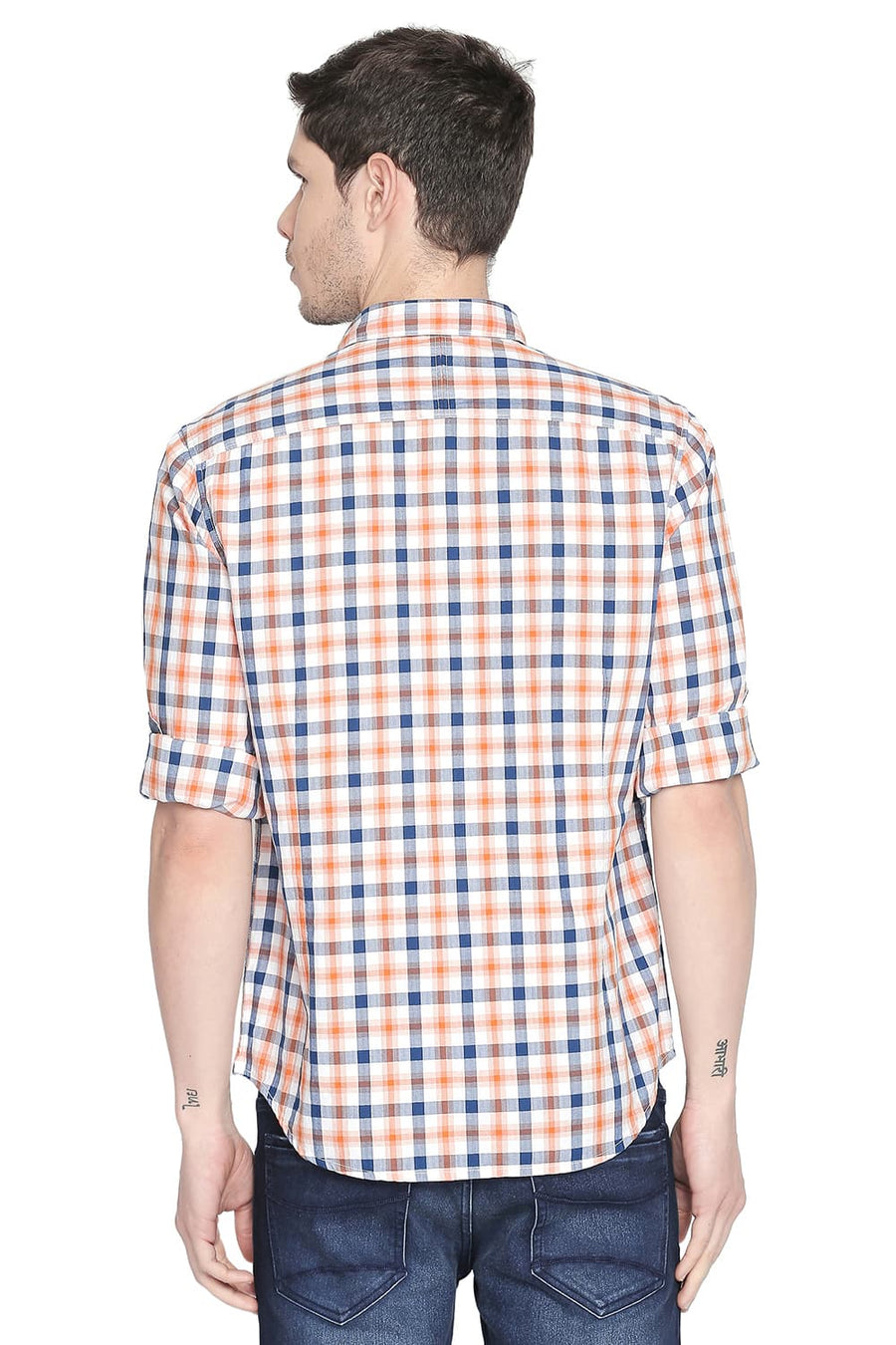 BASICS SLIM FIT SUN ORANGE CHECKS SHIRT