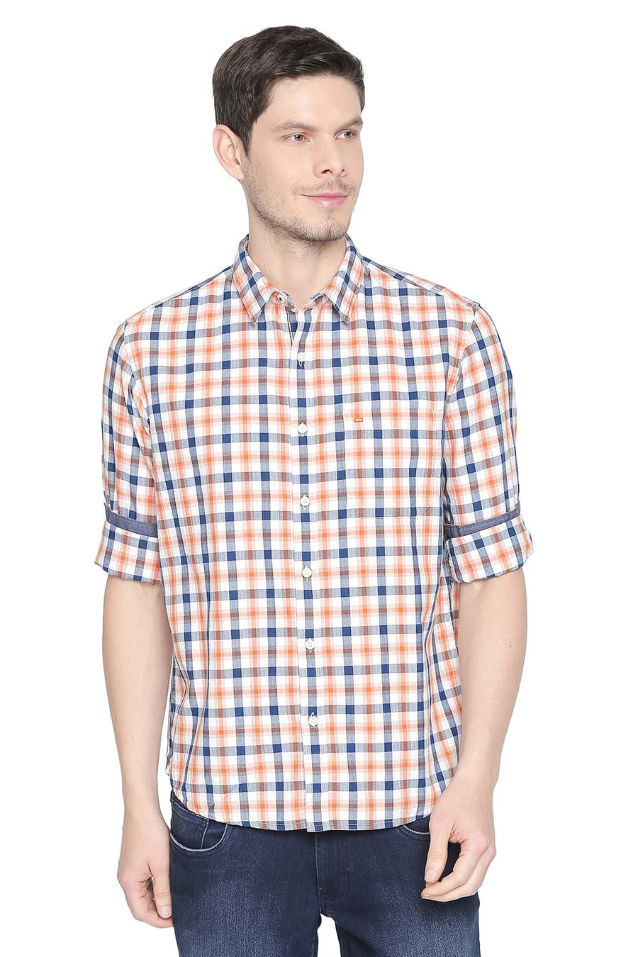 BASICS SLIM FIT SUN ORANGE CHECKS SHIRT