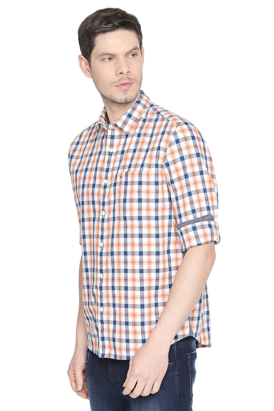 BASICS SLIM FIT SUN ORANGE CHECKS SHIRT