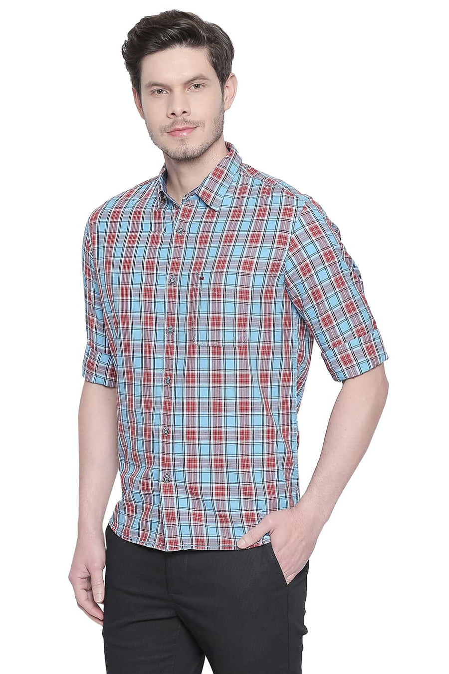 BASICS SLIM FIT AIR BLUE TWILL CHECKS SHIRT