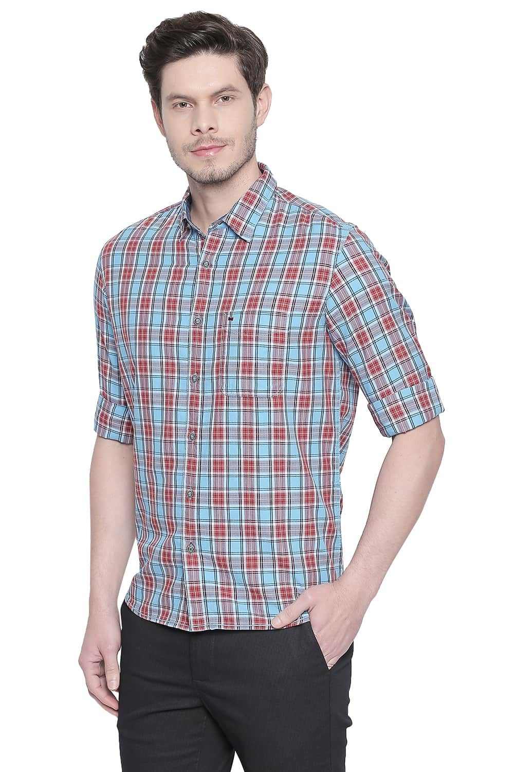 BASICS SLIM FIT TWILL CHECKS SHIRT