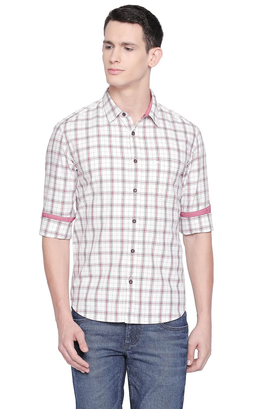 BASICS SLIM FIT BLANC WHITE TWILL CHECKS SHIRT