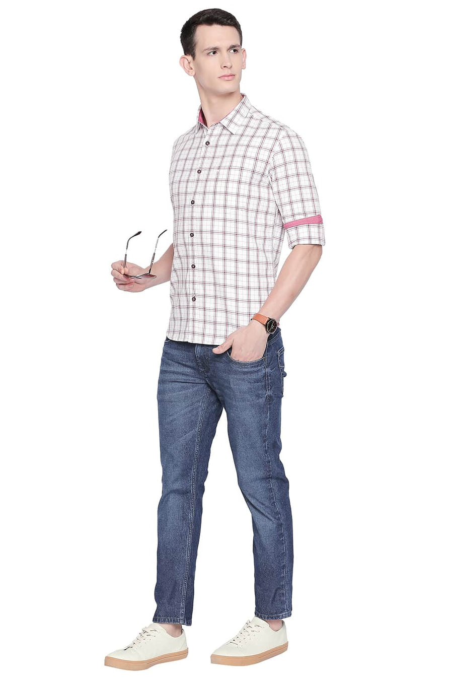 BASICS SLIM FIT BLANC WHITE TWILL CHECKS SHIRT