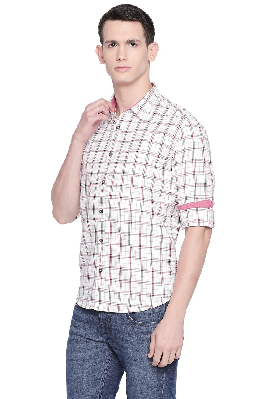 BASICS SLIM FIT BLANC WHITE TWILL CHECKS SHIRT