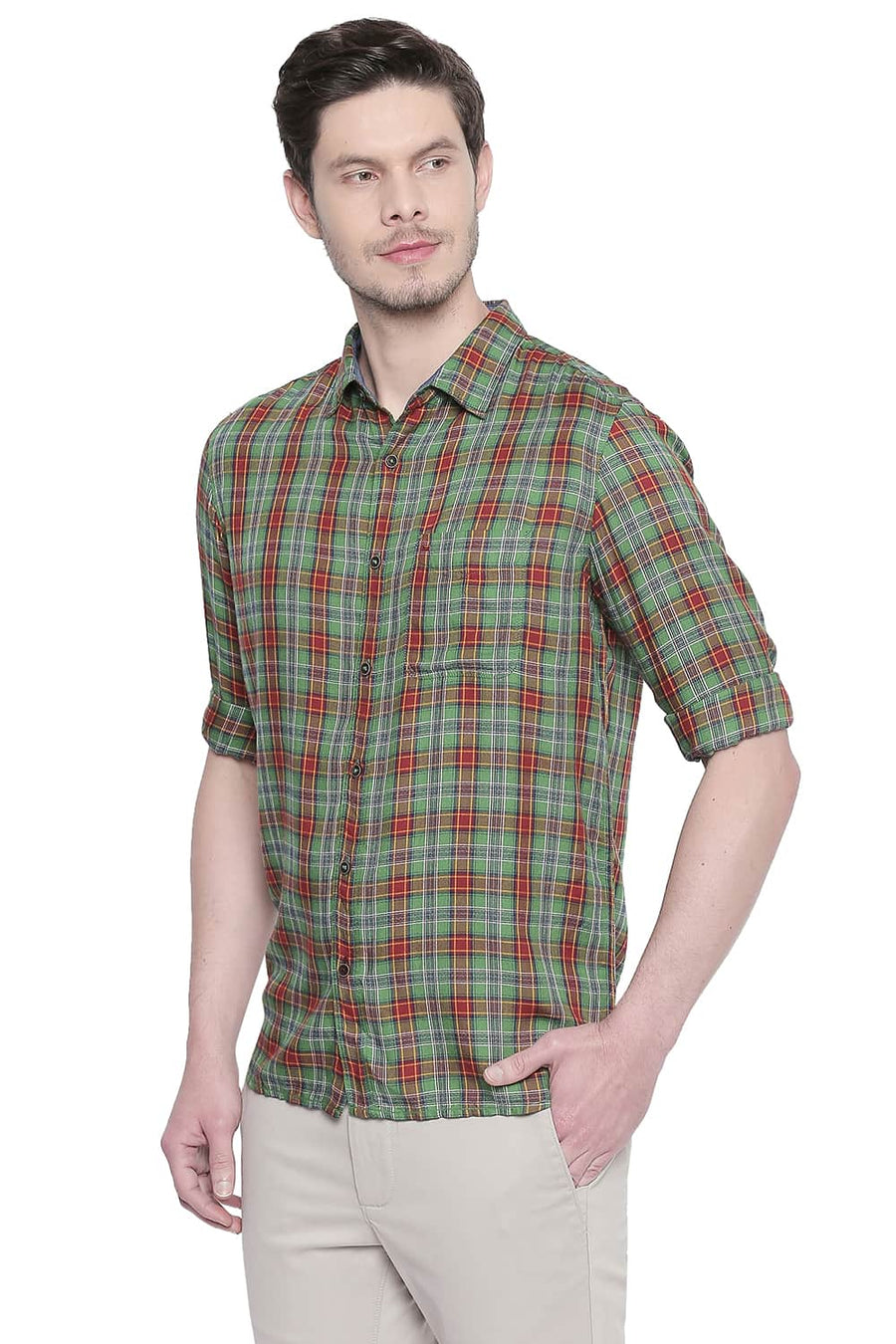 BASICS SLIM FIT SHAMROCK GREEN MODAL CHECKS SHIRT