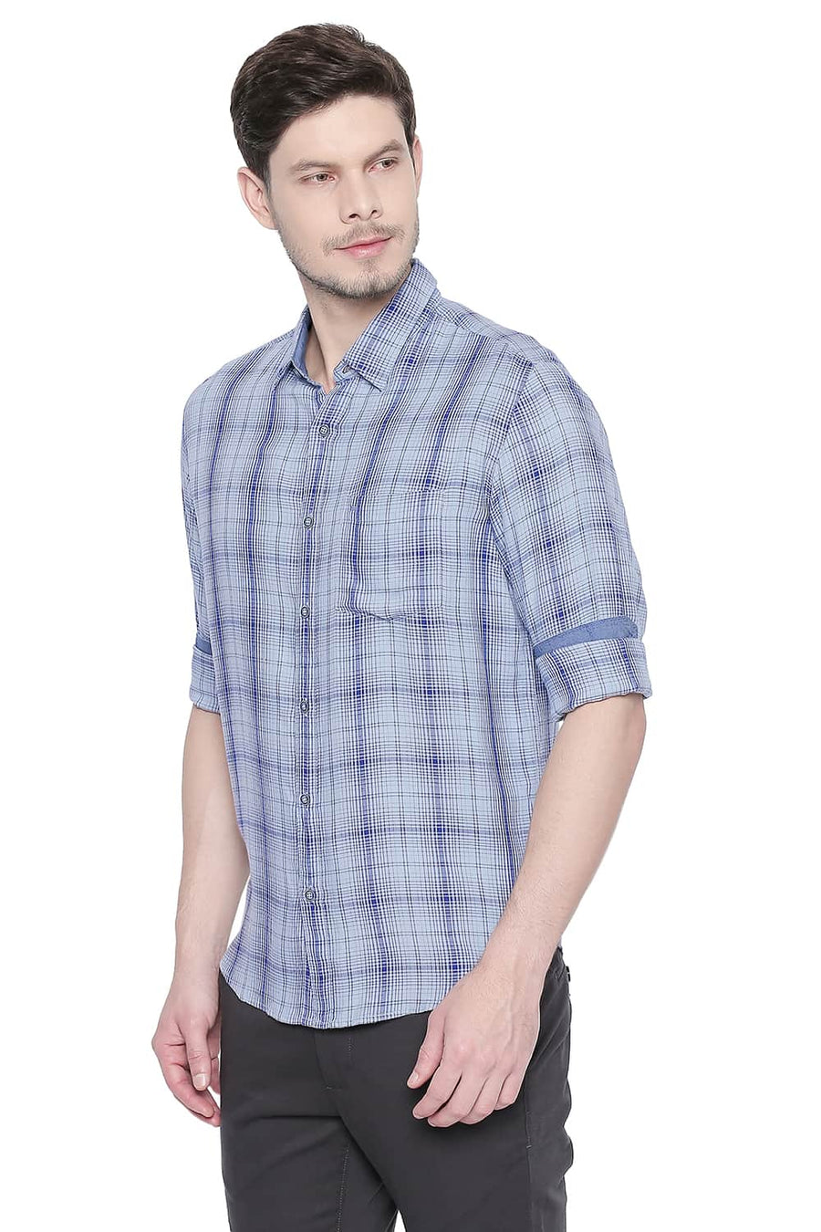 BASICS SLIM FIT DUSTY BLUE MODAL CHECKS SHIRT